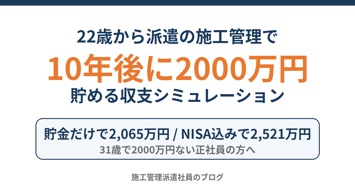 22歳から派遣の施工管理で10年後に2000万円貯める収支シミュレーションのアイキャッチ画像